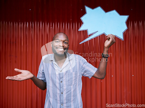 Image of African man, outdoor and speech bubble in portrait, doubt or promotion with mockup space on social media. Student, gen z guy and unsure smile with blank poster, billboard or presentation for feedback