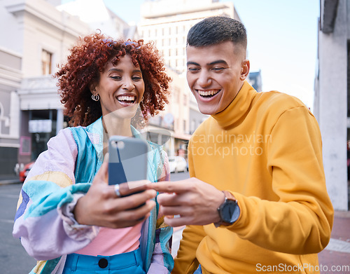 Image of City, funny and man with woman, smartphone and smile with connection, meme and social media. Friends, outdoor and cellphone with mobile app, blog post and happiness with internet search or laughing