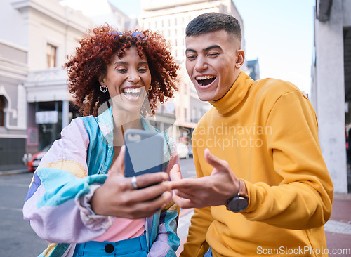 Image of City, funny and man with woman, cellphone and smile with connection, mobile app and social media. Friends, outdoor and smartphone with blog post, network or happiness with internet search or laughing