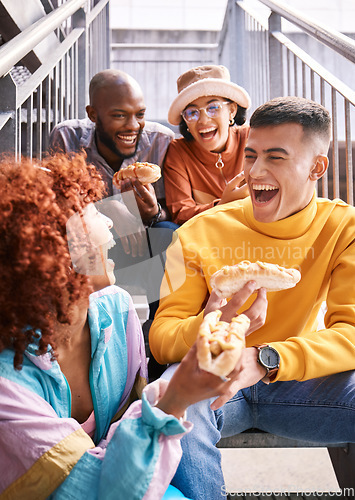 Image of Friends, hotdog and people eating outdoor for travel, funny laugh and fun on stairs. Diversity, happiness and gen z group of men and women with food on date, adventure and freedom in urban town