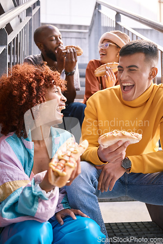 Image of People, city and friends eating hotdog outdoor for travel, funny laugh and fun on stairs. Diversity, happiness and gen z group of men and women with food on date, adventure and freedom in urban town