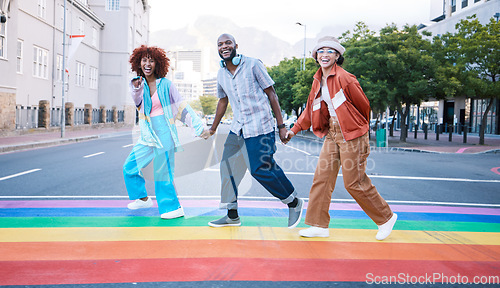 Image of Lgbtq, people holding hands and rainbow on street, paint and community with gen z, happiness and fashion in city. Urban streetwear, pride and queer support with ally, different or unique in portrait