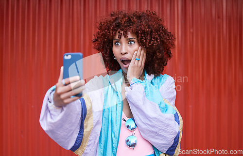 Image of Wow, surprise and woman with smartphone, gossip and announcement on a red wall background. Person, model and girl with a cellphone, expression or shock with notification, social media or wtf reaction