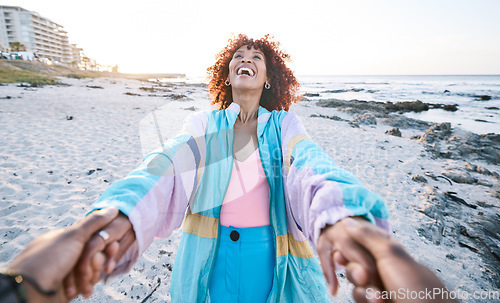 Image of Pov, beach and happy black woman holding hands with man, boyfriend or husband for travel, adventure and sand. Ocean, couple and connection on outdoor date for adventure, vacation, sunshine and fun
