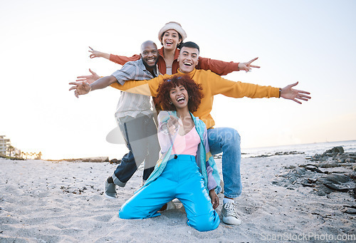 Image of Friends, beach and portrait of excited people outdoor for travel motivation or fun on sand. Diversity, happiness and gen z group of men and women pointing for adventure, holiday and freedom in nature