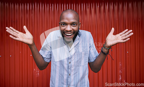 Image of Excited, decision and portrait of black man with choice happy for surprise and winning in a red background. Smile, joy and amazed young person with announcement, news and casual fashion style