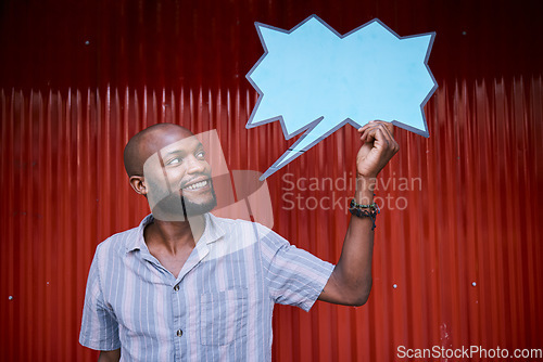Image of African man, outdoor and speech bubble with thinking, ideas and promotion with mockup space for social media. Student, gen z guy and ideas with blank poster, billboard or presentation for feedback
