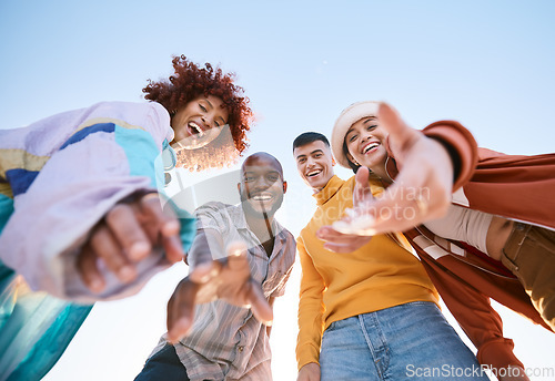 Image of Friends, selfie and hands outdoor for social media, fashion and fun adventure. Below diversity, youth and portrait of student group or men and woman for profile picture, memory and freedom in nature