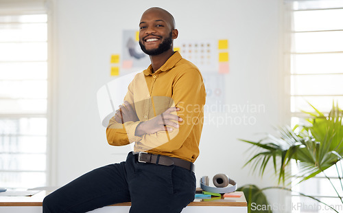 Image of Entrepreneur, black man and portrait with arms crossed in Nigeria, office or workplace for professional project in startup. Happy, employee and face of businessman working with confidence in business