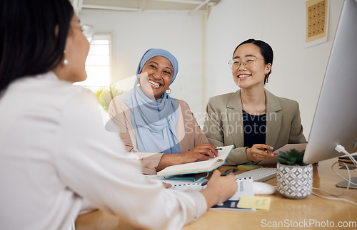 Image of Teamwork, diversity and business women in a meeting for planning or strategy in their professional office. Collaboration, marketing or design with a creative team in the workplace for management