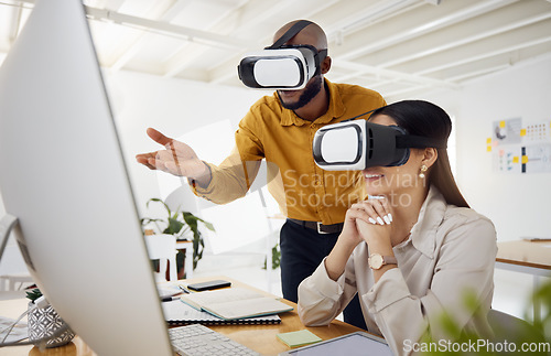 Image of Business people, discussion and computer for vr vision, professional advice and coaching for metaverse project. Developer, augmented reality glasses and design for 3d tech development, man and woman