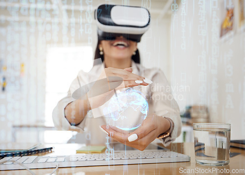 Image of Business woman, virtual reality and globe for network in hands, holographic overlay or code for data in cyber metaverse. Happy developer, programming expert and ar vision for future, 3d earth or ux