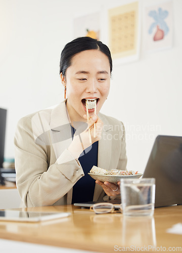 Image of Asian business woman, laptop and sushi on lunch break, video or movie in office with thinking, relax and happy. Japanese entrepreneur, eating seafood and comedy with computer, chopsticks or streaming