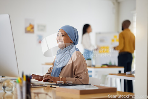 Image of Smile, email and a Muslim woman in an office with a computer for communication or connection. Happy, business and an Islamic employee in a workspace with a pc for internet, typing or website