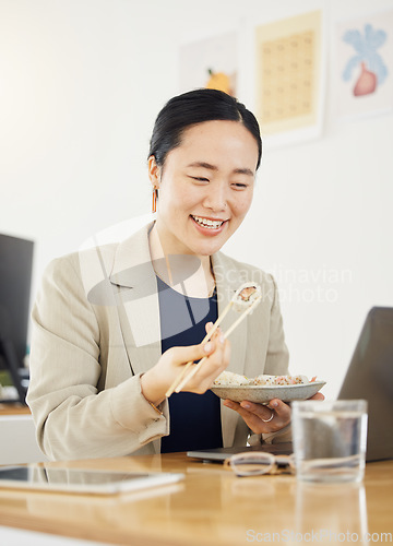 Image of Asian business woman, office and sushi on lunch break, video or movie on laptop with thinking, relax and happy. Japanese entrepreneur, eating seafood and smile with computer, chopsticks or streaming