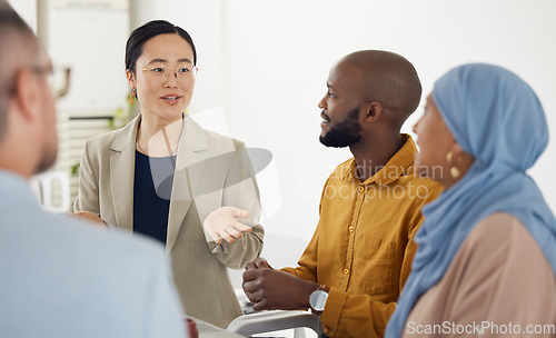 Image of Collaboration, meeting and a designer team talking in the office while planning a creative project together. Teamwork, strategy and design with an artistic employee group chatting in the workplace