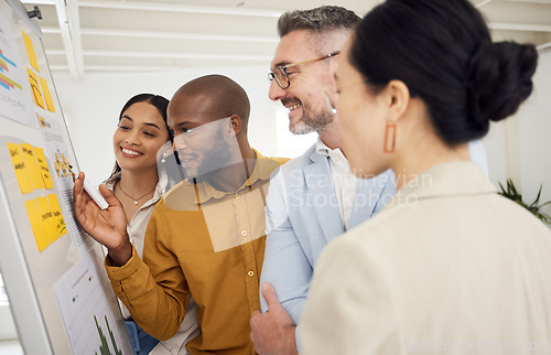 Image of Whiteboard, collaboration and business people planning in office brainstorming for creative project. Professional, analysis and team of designers reading idea or information for strategy in workplace