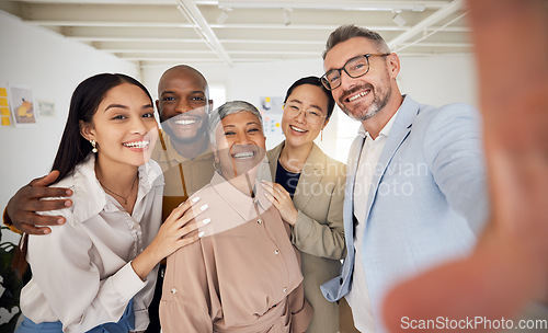 Image of Portrait, selfie and group of business people smile in office for support, team building and trust. Diversity, happy employees and friends in profile picture about us on social media for startup blog