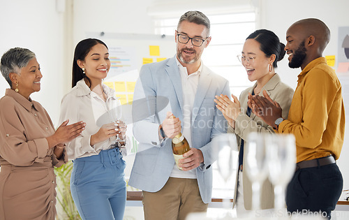 Image of Success, champagne and party with business people in office for winner, celebration and support. Teamwork, target and friends with group of employees for community, achievement and congratulations