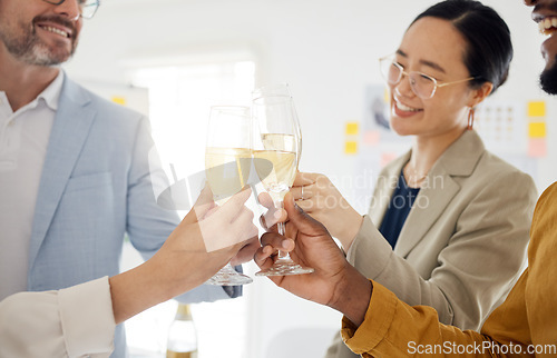 Image of Toast, champagne and party with business people in office for winner, celebration and support. Teamwork, target and friends with employees and cheers for community, achievement and congratulations