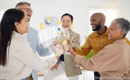 Image of Teamwork, champagne and toast with business people in office for winner, celebration and support. Success, party and friends with employees and cheers for community, achievement and congratulations