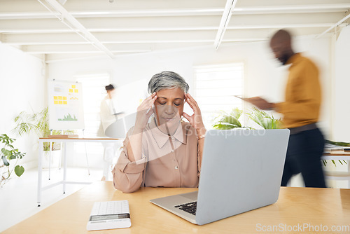 Image of Headache, stress and senior woman with laptop in busy office with burnout, debt or tax mistake. Anxiety, budget and ceo with migraine, vertigo or brain fog, frustrated or glitch and audit crisis