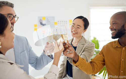 Image of Success, toast and champagne with business people in office for winner, celebration and support. Teamwork, party and friends with employees and cheers for community, achievement and congratulations