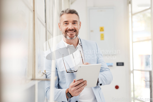 Image of Tablet, online and portrait of businessman search information on the internet for company growth and planning on an app. Web, glasses and entrepreneur or person with email and working on schedule