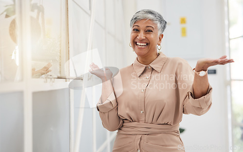 Image of Excited, portrait and a mature woman at work say hello with confidence in professional career. Happy, business and manager or company ceo with a gesture for office management or working at an agency