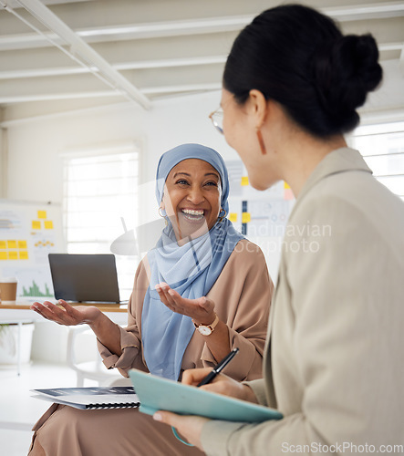 Image of Collaboration, smile and a muslim business woman in the office with a colleague for planning in a meeting. Teamwork, training and coaching with a mentor talking to an employee in the workplace