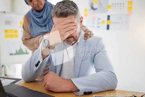 Image of Depression, stress and a business man with empathy, support and help in office. Burnout, fired and entrepreneur person with headache, bad news or dismissal with comforting hand of friend on shoulder