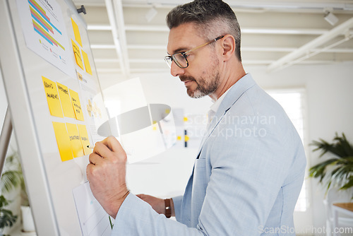 Image of Whiteboard, sticky notes and businessman planning in office brainstorming for a corporate project. Professional, analysis and mature male lawyer writing ideas or information for strategy in workplace