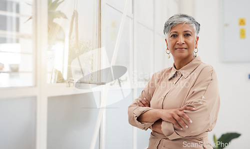 Image of Portrait, woman in finance and arms crossed for leadership and business with confidence and ambition. Senior, corporate company and professional ceo from Brazil for career and management in workplace