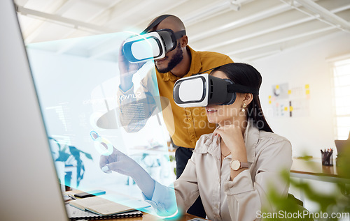 Image of Business people, hologram and virtual reality, future technology and analysis with collaboration and overlay. Press on screen, metaverse and corporate team, VR goggles and analytics with statistics