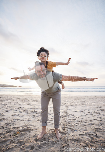 Image of Beach, airplane and portrait of father with girl child in nature playing, games or bond on vacation together. Flying, smile and kid with parent at the sea for travel, piggyback and fun on sunset trip