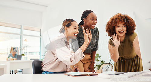 Image of Happy creative women, video call and meeting on computer in online collaboration or greeting at office. Group of female employees wave in hello, virtual communication or networking in startup at work