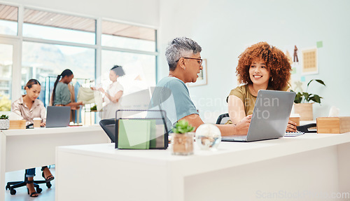 Image of Online, teamwork or women with laptop for fashion design, planning or draft for small business clothing line. Smile, computer or designer speaking or talking to mature mentor for advice in internship