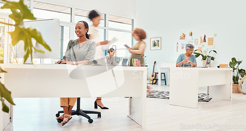 Image of Happy, coworking speed and a busy office of women for business, corporate career and staff. Smile, diversity and a fast group of employees in the workplace with motion at a company in the workforce