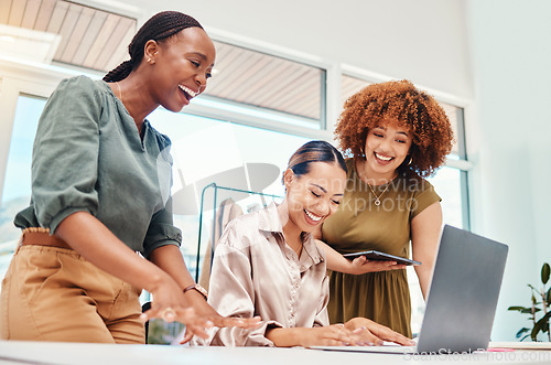 Image of Happy, employees and working together on tech in office with creative, stylist ideas for fashion and clothing on pc or tablet. Funny, colleagues or women in Colombia reading or typing on laptop