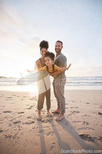 Image of Parents, girl child and beach with airplane game, smile or portrait for bonding, love or sunset on holiday. Father, mother and daughter for plane, play or interracial family on vacation, waves or sea