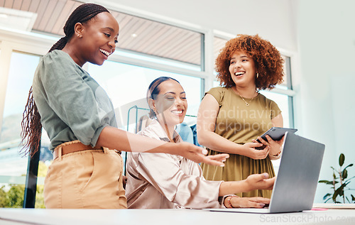 Image of Employees, teamwork and review on tech in office with creative, ideas for fashion or ecommerce on computer or tablet. Online, stylist and happy women in Colombia startup talking about clothing