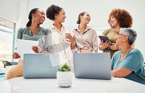 Image of Creative women, meeting and teamwork, laptop and laughter, brainstorming and diversity at startup. Communication, comedy and collaboration, research and ideas with discussion and business strategy