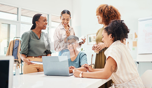 Image of Talking, meeting and women in fashion with a laptop for advice, communication or styling training. Discussion, happy and group of people in retail or boutique speaking about planning of clothes