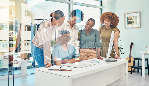 Image of Fashion, designer and group of women on sketch, book or clothes illustration in startup office. Tailor teamwork, collaboration or creative people drawing in training, coaching and happy mature mentor