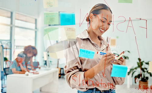 Image of Board, ideas or happy woman brainstorming fashion design, planning or writing draft in small business. Creative person, sticky note or happy designer working on schedule or mind map on glass wall