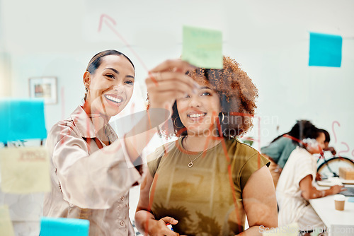 Image of Creative women, brainstorming and teamwork, sticky note and meeting with objectives and agenda at startup. Communication, glass board and collaboration, research and ideas, discussion and strategy