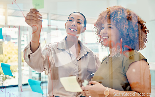 Image of Women, brainstorming and team, sticky note and meeting, objectives and agenda on sticky note at creative startup. Communication, glass board and collaboration, research and idea with strategy