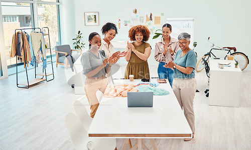 Image of Success, happy people or clapping in meeting for fashion design bonus, bonus or achievement. Applause, proud or designers in celebration of teamwork, goal target or promotion on video call or laptop