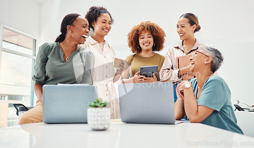 Image of Laughing, teamwork or women talking for fashion design planning or online draft for small business clothing line. Happy people, collaboration or designer speaking to funny mature mentor in internship