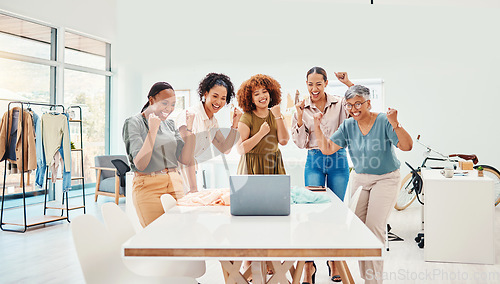 Image of Success, laptop or happy people in celebration of fashion design victory or winning group achievement. Online sale, wow or excited designers cheering for teamwork, goal target or bonus promotion deal